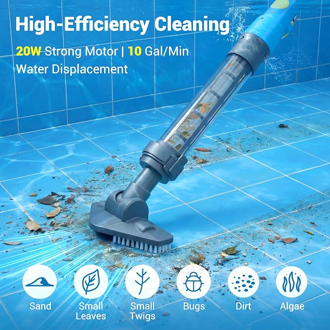 Cordless Spa Hot Tub Vacuum - Handheld Pool Vacuum for Above Ground Pool, Lightweight Stick Pool Cleaner with 2 Brush Heads, Ideal for Cleaning Debris and Sand (Blue)