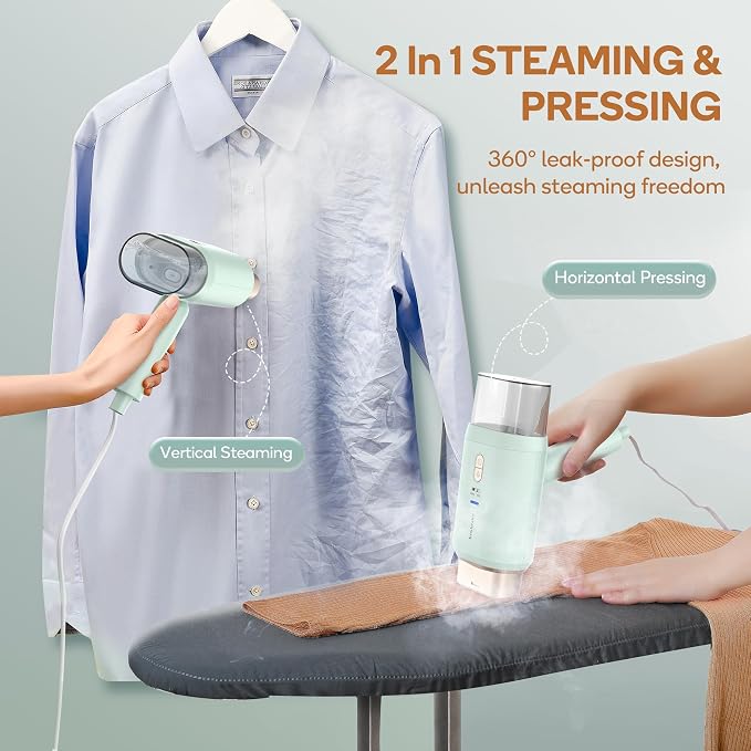 Newbealer Steamer for Clothes, 1200W Dual Voltage, 180ml (Green) | Handheld 360° Anti-Spill Travel Steamer, Foldable & Solid 1.72 lbs, Fast 20s Heat, Auto-Off, for Business Trips/Hotel/Office