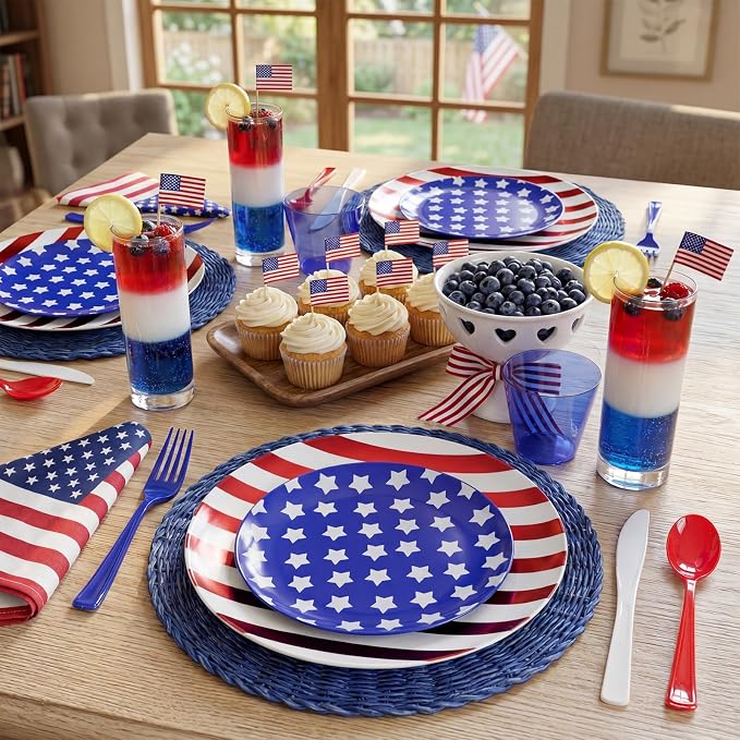 KIRE 150PCS 4th of July Plates & Red White Blue Disposable Plastic Silverware &Clear Blue Cups-American Flag Patriotic Party Supplies for Memorial Day/Independence Day/Veterans Day