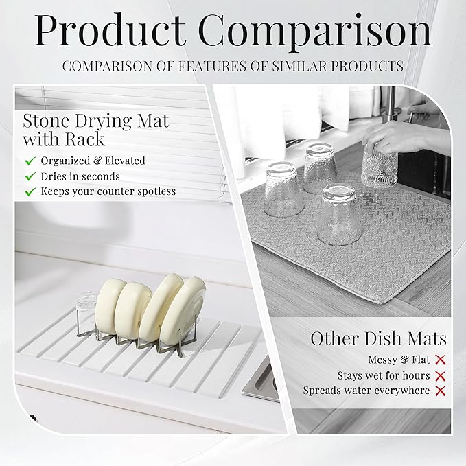 Diatomaceous Stone Dish Drying Mat with Collapsible Steel Rack - Quick Dry Kitchen Counter Set, Space Saving Foldable Dryer