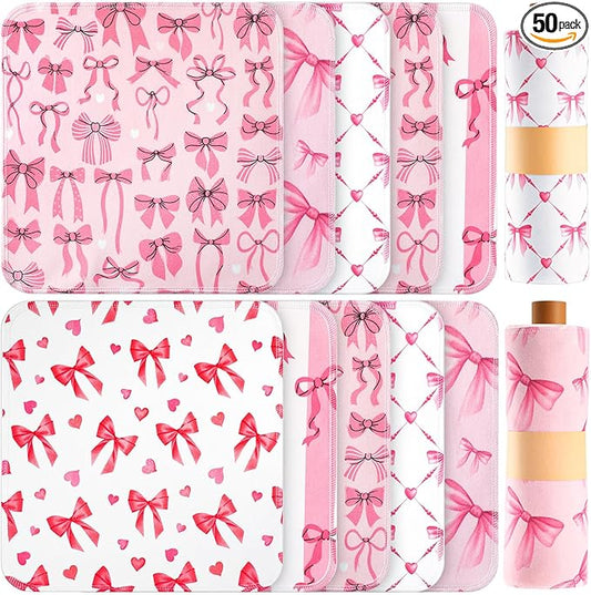 Redbaker 50 Pcs Reusable Paper Towels Paperless Reusable Cotton Cloths Toilet Absorbent Washable Paper Towels with Roll Kitchen Dishcloth for Kitchen Paperless Dishcloths(Pink Bow)