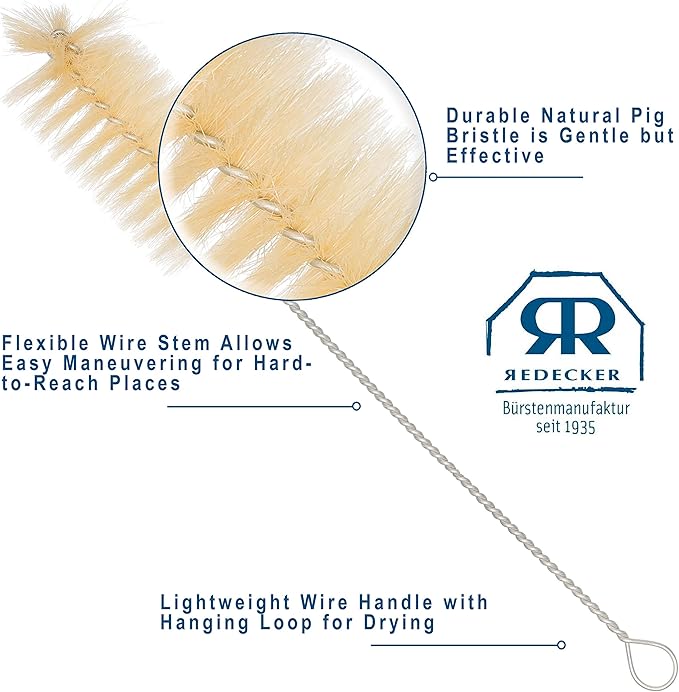 Redecker Pig Bristle Baby Bottle Brush with Flexible Wire Handle, Set of 2, 16-Inches, Made in Germany