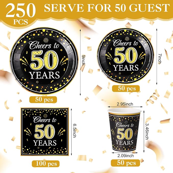 Pickmesh 250 Pcs 50th Birthday Party Supplies Decorations Serve 50 Black Gold Cheers to 50 Years Disposable Paper Plates Napkins and Cups for Women Men 50th Birthday Wedding Anniversary Party Supplies