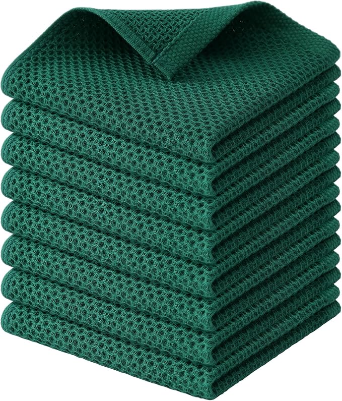 Kitinjoy 100% Cotton Kitchen Dish Cloths (12 X 12 Inches, Dark Green), 8 Pack Waffle Weave Ultra Soft Absorbent Dish Towels for Drying Dishes Quick Drying Kitchen Towels Dish Rags