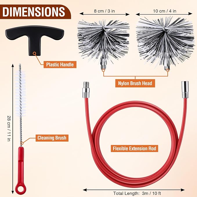Feekoon Pellet Stove Cleaning Kit, 10 FT Flexible Steel Rod with 3" & 4" Brush Head, Flue Detail Cleaner, Pellet Stove Accessories for Vent Pipes Cleaning - Reduce Buildup & Improve Airflow