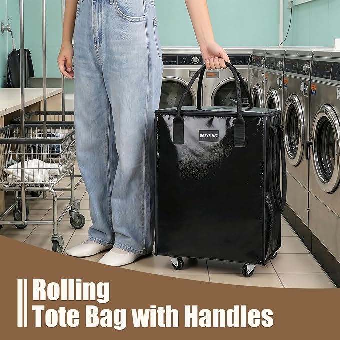 Reusable Grocery Bag on Wheels, Portable Tote Bag Shopping Bag with Wheels, Rolling Tote Bag Collapsible with Wheels for Groceries, Organization or Moving, Heavy Duty Utility Tote Bag