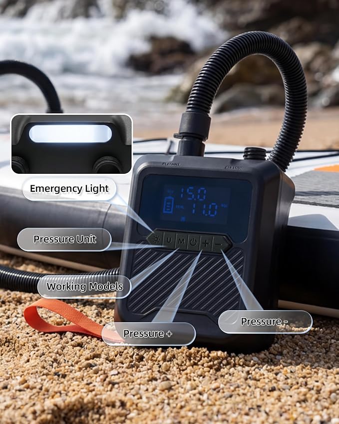 Electric Paddle Board Pump Portable, 20PSI High Pressure SUP Air Pump with Intelligent Dual Stage Inflation, Deflation & Auto-Off Function, Rechargeable Battery & 120W 12V DC Inflator for Kayak Boat