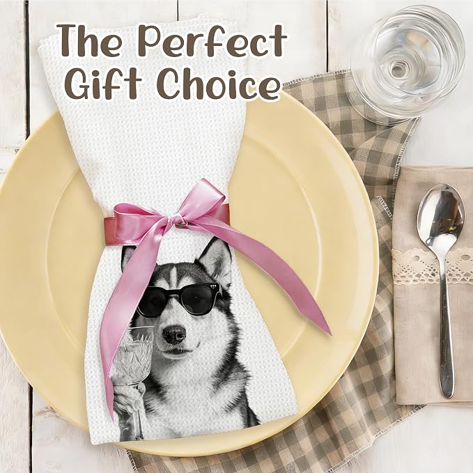 Funny Husky Kitchen Towels Set of 2, Dog Kitchen Bar Accessories, Dog Chef Gifts for Women Decorative Hand Towels for Kitchen Decor, Husky Lovers Dish Tea Towel, 16x24 Inch