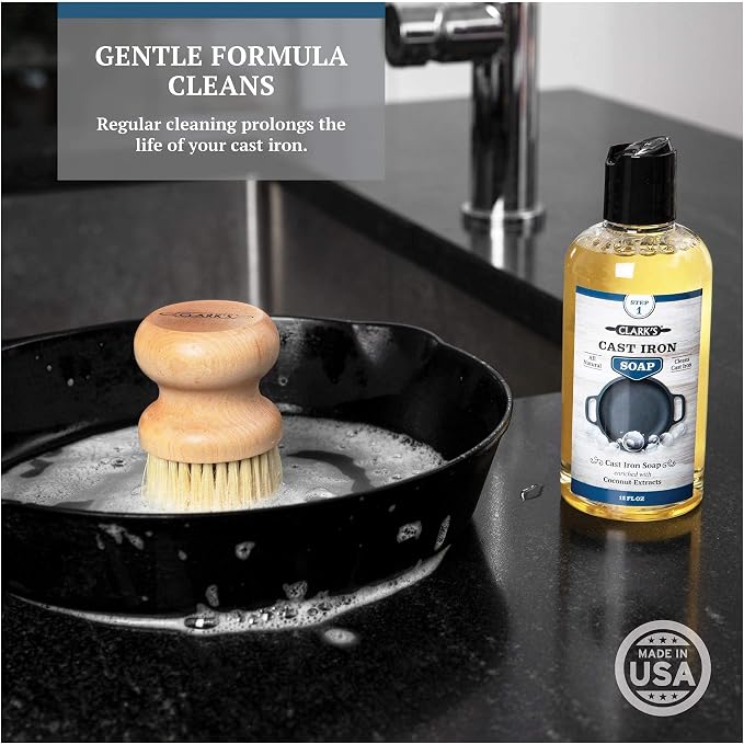 CLARK'S Small Scrub Brush and Cast Iron Soap | Maintain All Cast Iron and Carbon Cookware