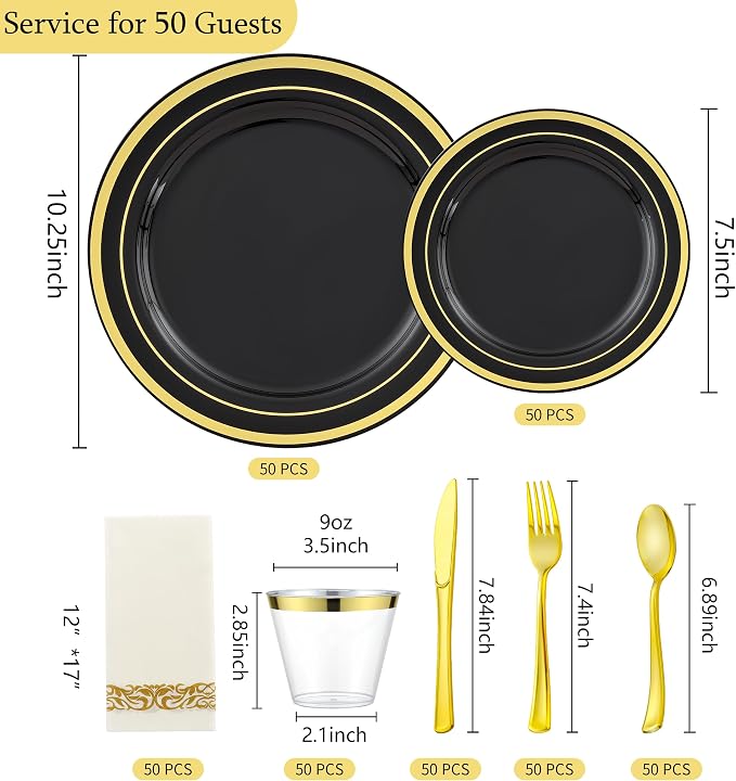 350pcs Black and Gold Dinnerware Set for 50 Guests, Black Plastic Plates with Gold Rim for Party -50 Dinne/Dessert Plates, 150 Silverware Set,50 Napkins and Cups