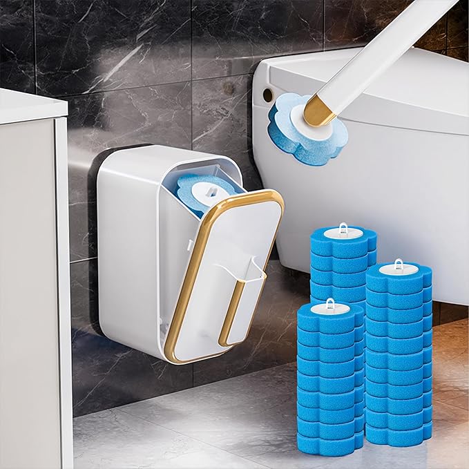 Disposable Toilet Cleaning Brush - Toilet Bowl Cleaner Wand and Holder Set with 60 Refills, Wall Mounted Clean Stick Brush Heads Kit with Handle for Bathroom Bathtub Cleaning System