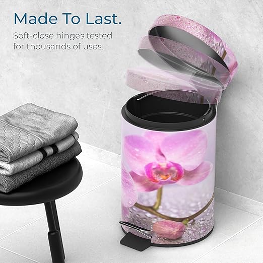 Sanilo Small Bathroom Trash Can with Lid [1.3 Gallon] - Lidded Tiny Trashcan for Garbage - Mini Metal Bin with Soft Closing Mechanism - Bath Room Accessoire Wastebin with Inner Bucket (Blooming)