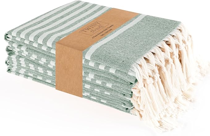TWINY threads Set of 4 100% Cotton Turkish Kitchen Towels with Hanging Loop & Tassels (18" X 28") | Ultra Washcloth with Fringes | Reusable Hand Towels - Olive Green