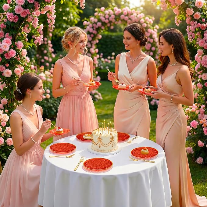 DaYammi 240Pcs Red Plastic Plates Including 120Pcs Red Dessert Plates and 120Pcs Gold Forks,Hammered Party Plate,Appetizer plates Heavy duty Disposable Plastic Plate for Party Wedding Bridal Shower