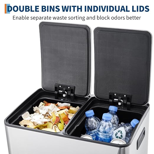 Garvee Kitchen Trash Can with Lid, 16 Gal / 60L (2 x 8 Gal) Dual Compartment Stainless Steel Garbage and Recycling Bin Combo with Independent Step Pedals & Removable Inner Buckets