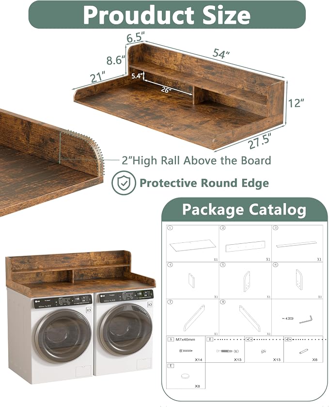 Piskyet Washer Dryer Countertop,2- Tier Laundry Countertop with Edge Rails,27.5" Depth x 54" Wood Countertop,Laundry Machine Topper for Laundry Room Organization and Storage(Rustic Brown)