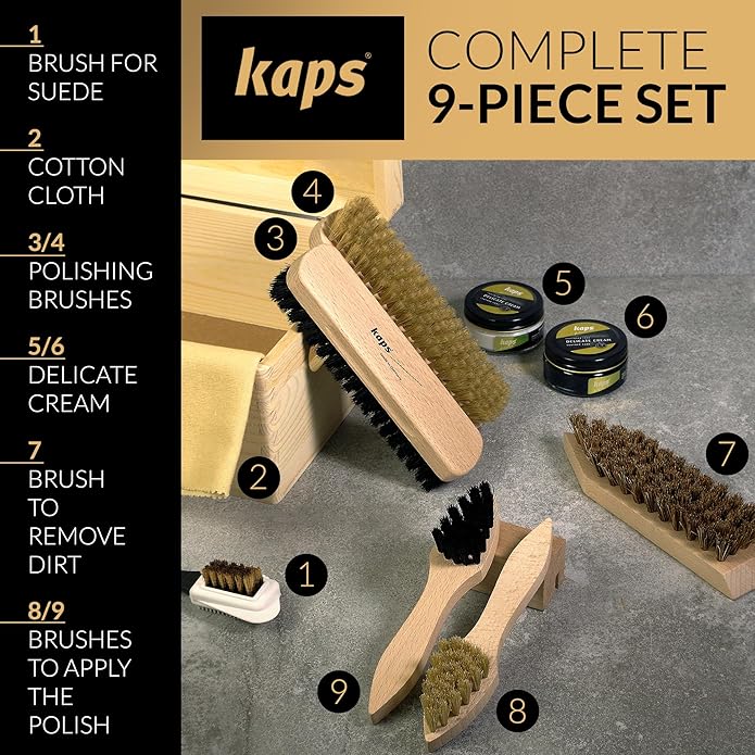 Kaps Complete Shoe Clean and Care Kit, 9 Piece Shoe Care Set for Leather Boots and Shoes, Footwear Cleaning Kit with Wooden Gift Box