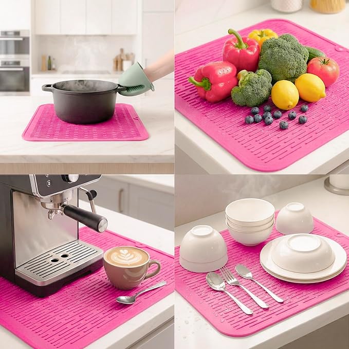 MicoYang Silicone Dish Drying Mat for Multiple Usage,Easy clean,Eco-friendly,Heat-resistant Silicone Mat for Kitchen Counter or Sink,Refrigerator or Drawer Liner Rose XL 18 inches x 16 inches