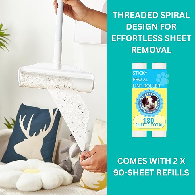 True & Tidy StickyPro XL Lint Roller Value Set with 2 Lint Roller Refills, Heavy-Duty Durable, Adjustable Handle Works Great on Pet Hair, Clothing, Furniture and More, 180 Sheets Total, Refillable
