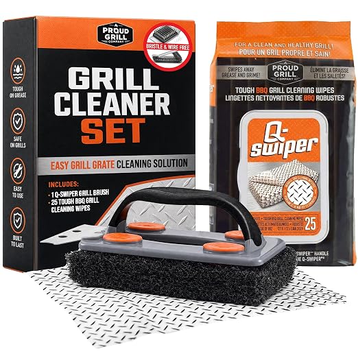 Proud Grill Q-Swiper BBQ Grill Cleaner Set - 1 Grill Brush with Scraper and 25 BBQ Grill Cleaning Wipes, Bristle-Free & Wire-Less, Safe Way to Remove Grease and Grime for A Clean and Healthy Grill