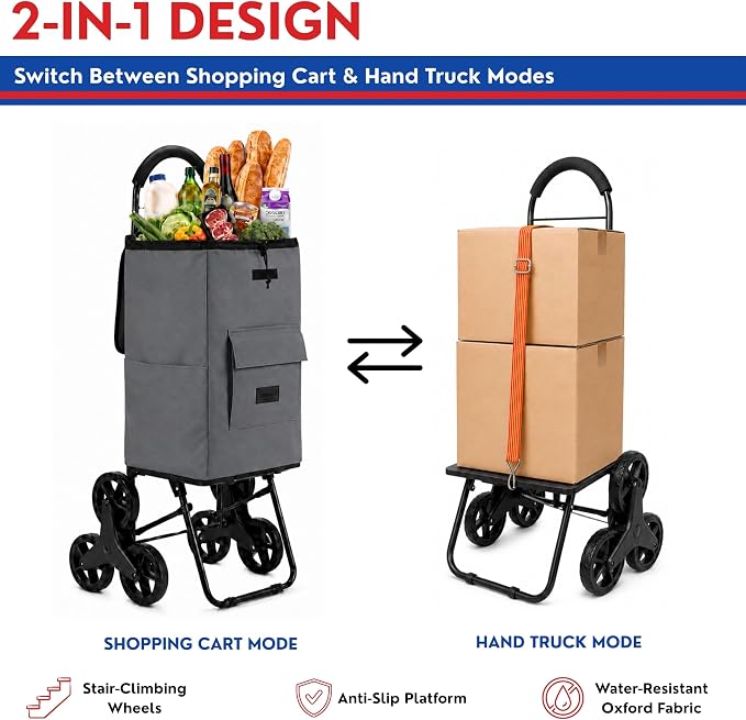 Shopping Cart, Super Loading Stair Climber 220 lbs Capacity, Grocery Foldable Trolley with Extra Large Shopping Bag Laundry Utility Cart with Adjustable Bungee Cord (Gray)