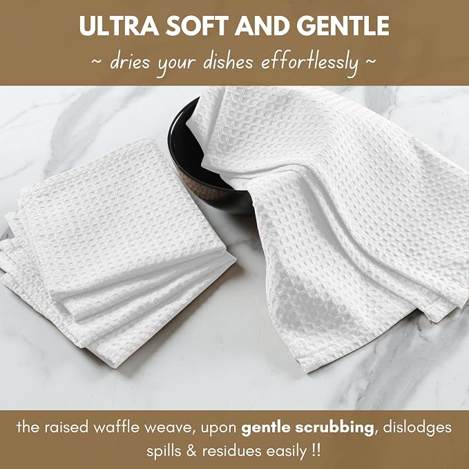 Native Fab Waffle 12 Pack Dish Cloths - 100% Cotton, Soft, Absorbent, Quick Drying, Washable Towels for All Cleaning, Cooking & Baking - Ideal for Home, BBQ, Hotels, Bars - 12x12 Inches - White