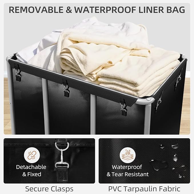 STORAGE MANIAC Commercial Laundry Cart with Wheels, 420L Black | Heavy Duty 400 lbs Load, Rust-Resistant Steel Frame, Waterproof Removable PVC Tarpaulin Liner, Hotel, Hospital Industrial Use