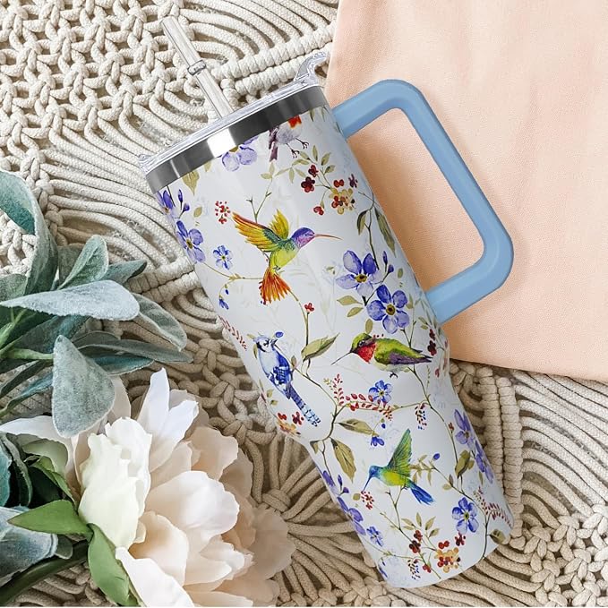 Ceovfoi 40 oz Hummingbird Tumbler with Handle Lid and Straw,Hummingbird Stainless Steel Coffee Tumbler Mug Cup Watter Botter,Bird Gifts for Bird Lovers Women, Hummingbird Stuff/Accessories