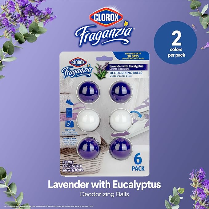 Clorox Fraganzia Deodorizing Balls with Lavender and Eucalyptus Scent, Shoe and Bag Odor Eliminator Balls for Shoes Lockers and Gym Bags with Long Lasting Freshness, 6 Count - 12 Pack