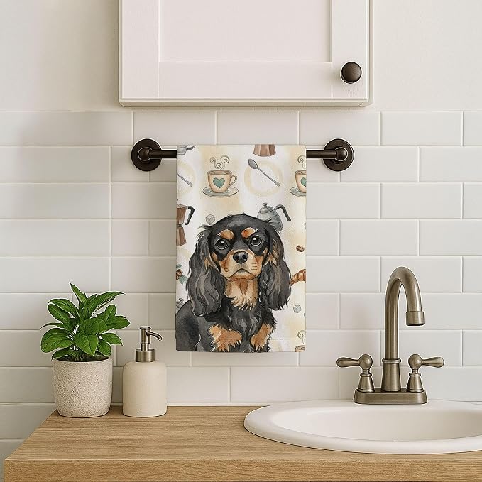 Caroline's Treasures Black and Tan Cavalier Spaniel Coffee Bar Kitchen Towel Velour Plush Front and Cotton Loop Back Machine Washable