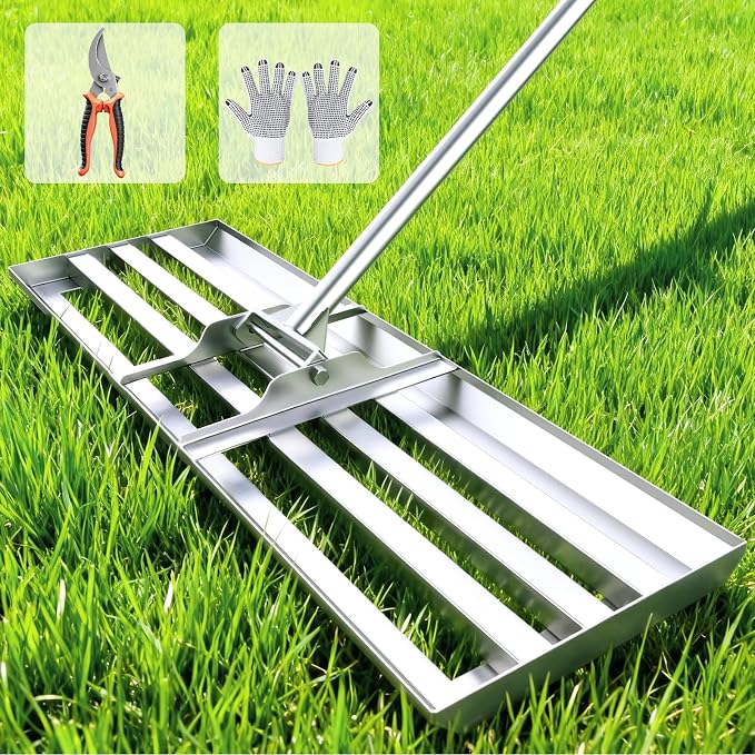 30" x 10" Lawn Leveling Rake, Heavy Duty 304 Stainless Steel Lawn Leveler | 78" adjustable handle, Curved edge for smooth leveling, reinforced triangle support, professional-grade build