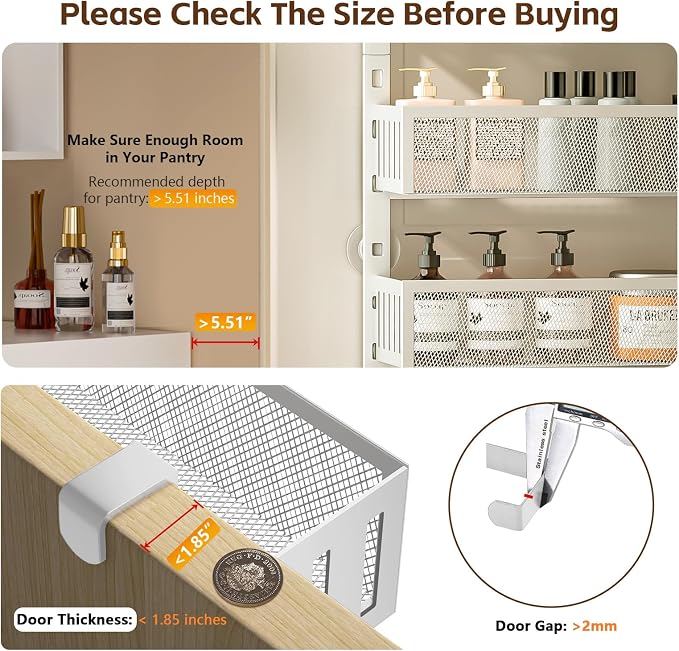 Over The Door Pantry Organizer, Adjustable & Stable Hanging Spice Rack for Kitchen, Bathroom, Bedroom, and Baby Essentials Storage