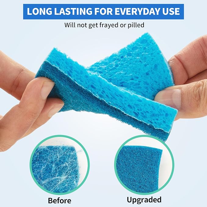 Non-Scratch Cellulose Scrub Sponges 12 Pack, Sponges Kitchen with Double-Side & Ergonomic Design for Dishes, Coated Cookware, Sink & Countertops.