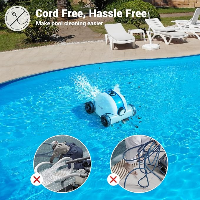 Cordless Robotic Pool Cleaner, Automatic Pool Vacuum with 60-90 Mins Working Time, Rechargeable Battery, IPX8 Waterproof for Above/In-Ground Swimming Pools Up to 861 Sq Ft