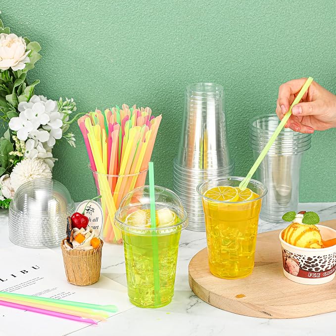 Reallnaive 100 Sets 16 oz Clear Slushie Cups with Dome Lids and Snow Cone Spoon Straws, Disposable Smoothie Cold Drinking Cups for Party Iced Coffee Cold Drinks Juice Milkshake