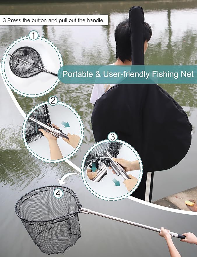 Avlcoaky 94" Telescopic Fishing Landing Net - Heavy-Duty Aluminum Handle with Non-Snag Rubber Coated Mesh, Extra Large Fishing Net for Saltwater Boat Fishing