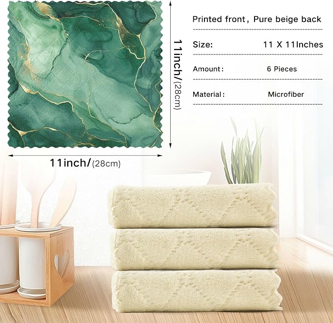 senya Kitchen Dishcloths, Green Marble Texture Cloth Dish Towels 6 Pack Super Absorbent Dishtowels Reusable Cleaning Cloths