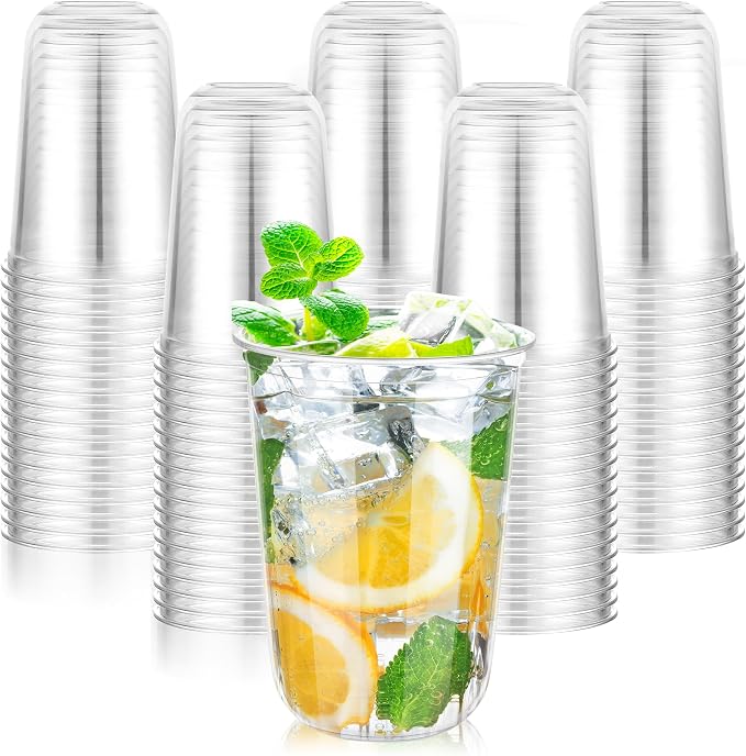 KesaPlan 100 Pcs 16oz Clear Plastic Cups Disposable Wine Cups Round Bottom Stemless Disposable Wine Glasses for Cocktails Birthdays Weddings Party Supplies