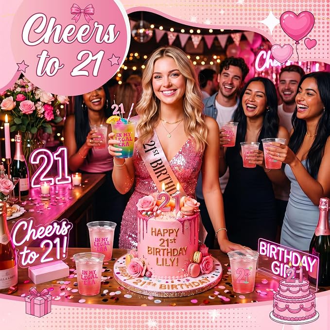 Jingmore 50 Pcs Birthday Plastic Cups 12 oz Birthday Disposable Plastic Cups Thick Clear Drinkware for Men Women Celebrate Party Supplies(pink 21st)