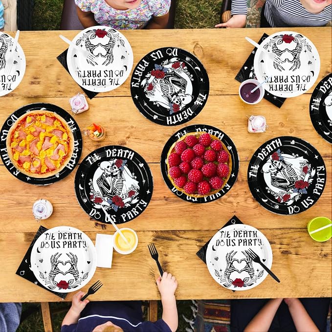 96Pcs Till Death Party Decorations Till Death Do Us Gothic Bachelorette Paper Plates and Napkins Bride or Die Decorations for Gothic Wedding Bachelorette Romantic Skeleton Party Supplies Serves 24
