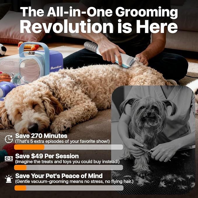buenkee Dog Grooming Kit with Vacuum, 15000Pa Pet Hair Clipper and Shedding Brush, 2L Capacity, Blue