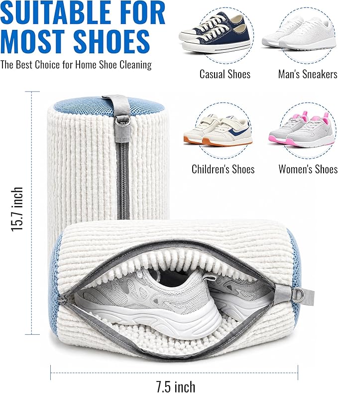 Shoe Washing Machine Bag with Soft Microfiber Bristles, Durable Mesh Laundry Shoe Bag for Sneakers, Reusable Protective Shoe Cleaner Bag with Zipper for Washer & Dryer