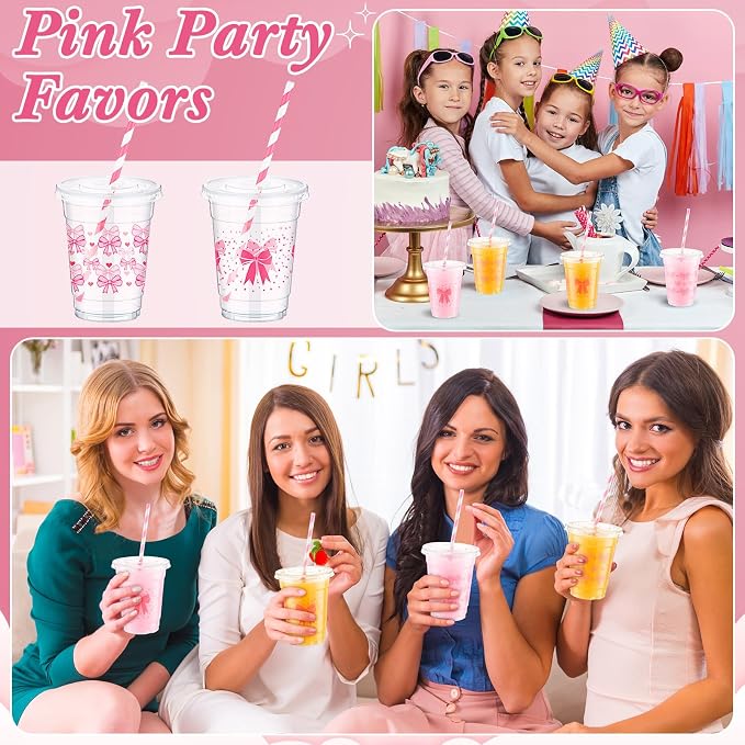 Yaomiao 100 Pcs Pink Bow Plastic Cups 12oz Disposable Clear Pink Plastic Cups with Lids and Straw Cute Bow Cup Bulk Birthday Wedding Party Favors Supplies for Cold Beverage