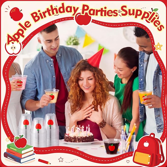 LemonRoad 100 Pack Apple Theme Cups Back to School Party Supplies 9 oz Red Apple Disposable Clear Plastic Cocktail Cups Hot Cold Beverage Drinks for Classroom First Day of School Table Decorations