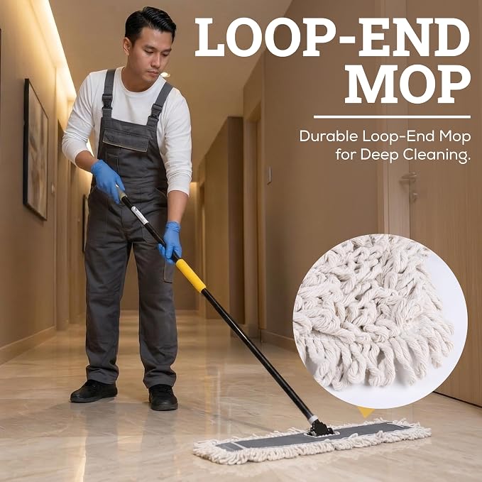 Kleen Handler 24" Commercial Dust Mop Replacement Heads, 12 Pack Industrial Loop End Flat Dust Mop Pads, Washable Cotton Mop Refill for Floor Cleaning, Natural