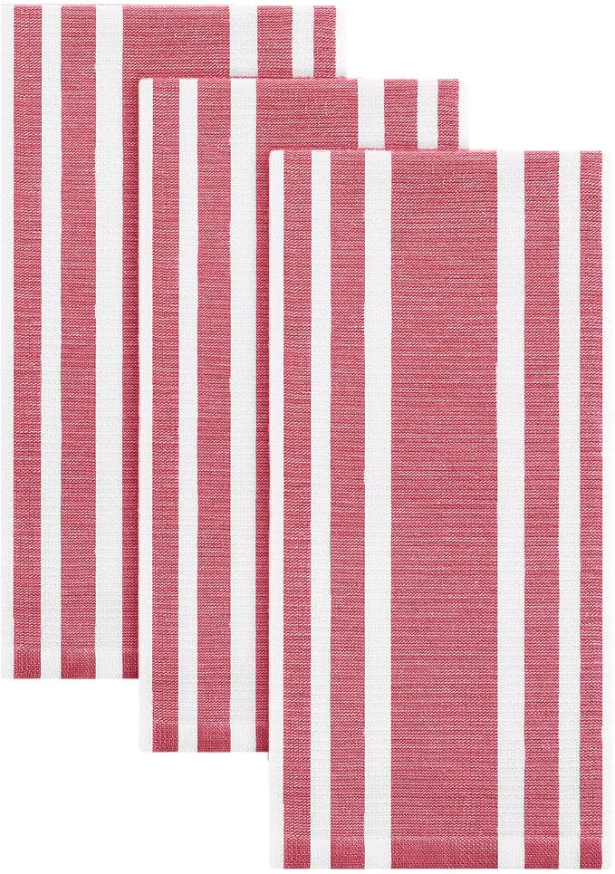 Homaxy Premium Kitchen Towels 18”x 28”, Large Cotton 380 GSM Kitchen Hand Towels, Stripe and Terry Dish Towel, Highly Absorbent Tea Towel Set with Hanging Loop, 3 Pack, Red