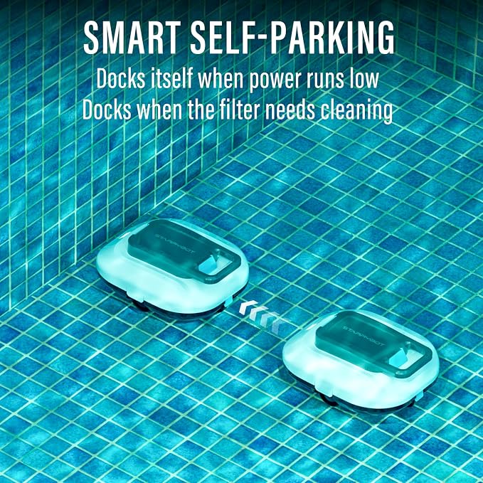 STARRYBOT Cordless Robotic Pool Cleaner with Dual high-Efficiency Motors Delivers Strong Suction, Smart Self-Parking,Smart LED Indicator,Pool Vacuum for Above-Ground Flat Pool up to 900 Sq.ft(White)