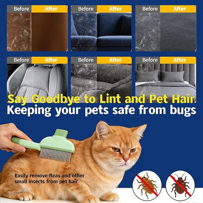 New BIONEMAGILI 4-in-1 Pet Hair Removal Kit - Refillable Lint Roller + Self-Cleaning Deshedding Comb + Electrostatic Glove + Soft Rubber Bath Brush, Multi-Surface Hair Remover for Cats/Dogs/Blue