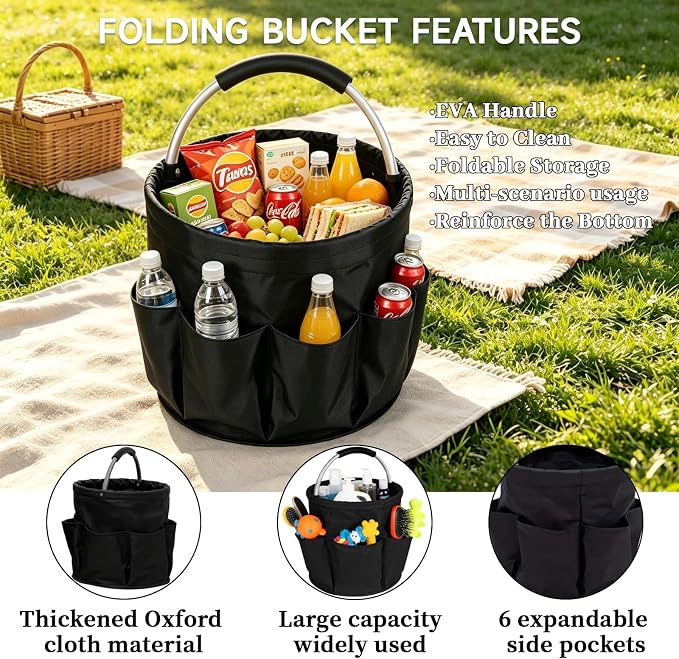 JINGYAN 17L Large Collapsible Folding Cleaning Caddy with Handle & 6 Side Pockets – Portable Waterproof Bucket Tote for Cleaning Supplies, Housekeeping, Laundry, Bathroom & Outdoor Storage