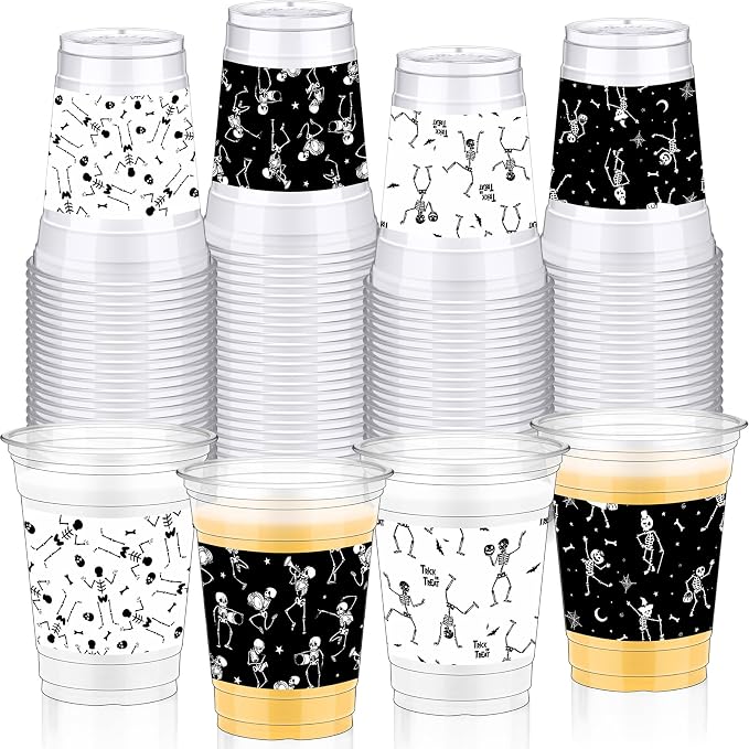 Bokon 100 Pcs Skeleton Halloween 12 oz Plastic Cups Disposable Cocktail Glasses Happy Halloween Cute Disposable Cups for Coffee Juice Hot Cold Drinks Party Supplies (Black and White, Skeleton)